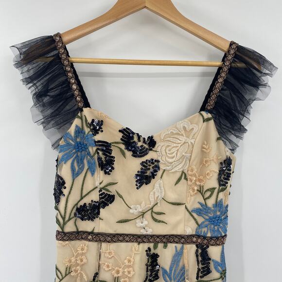 Lulus Show Stopper Midi Dress Floral Embroidered Beaded Bodycon Pencil Cream XS - Picture 4 of 9